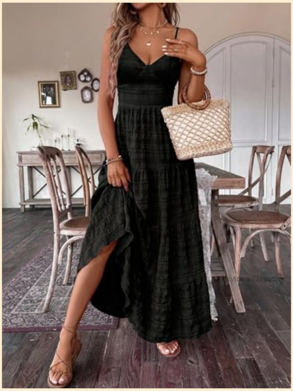 Spaghetti Strap Bow Tie Back Maxi Dress - Flowy Boho Beach Vacation Sundress - Picture 5 of 6